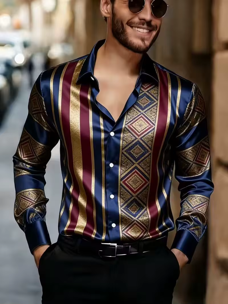 Nouvelle Chemise Homme Luxe Léger Style Palais à Motif Fleur d'Iris Imprimée en 3D, Manches Longues,