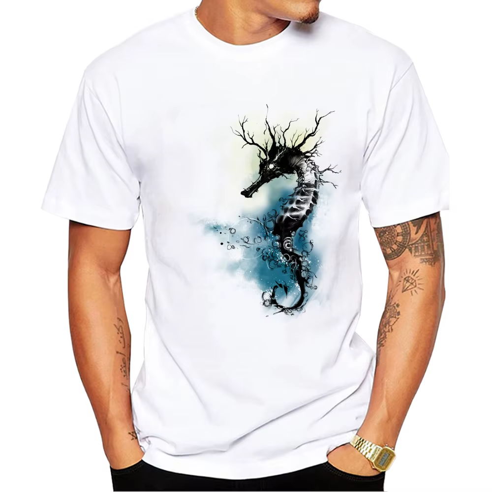 TEEHUB-T-Shirt à Manches Courtes pour Homme, Style Hippocampe Silencieux, Vintage, Imprimé, Harajuku