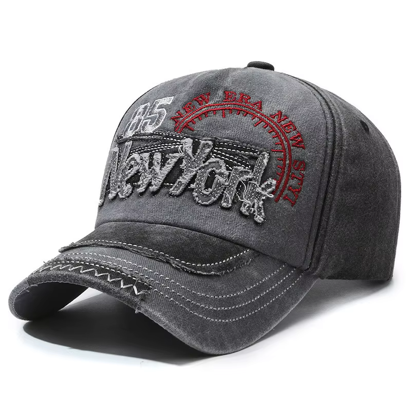 Casquette de baseball brodée New York, effet délavé, polyester, fermeture à pression réglable, respi