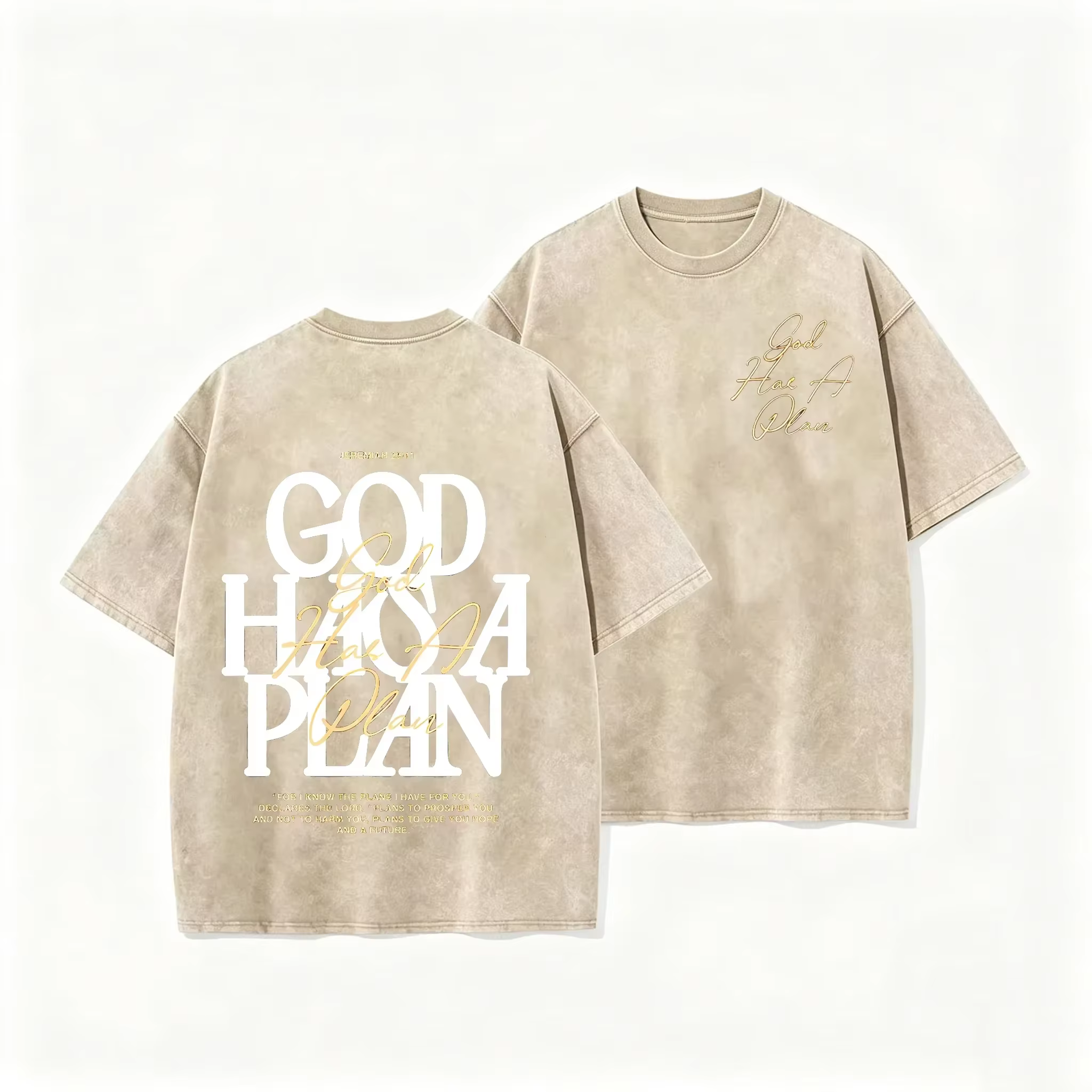 T-shirt vintage délavé double face avec impression 'God Has A Plan' et 'Christian Letter', coupe ove