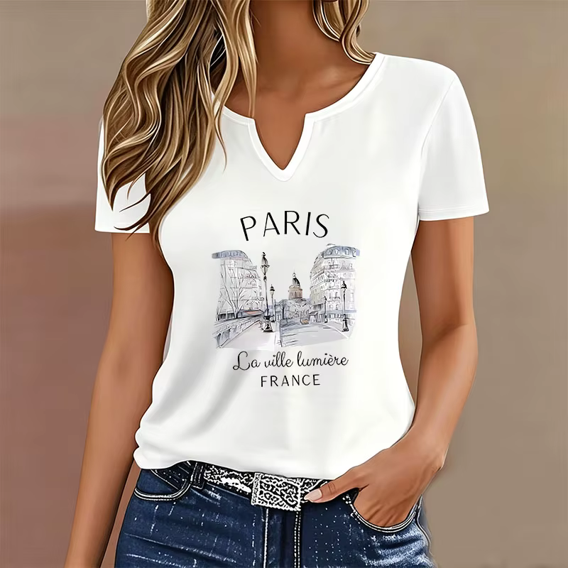 T-shirt Vintage Paris Col V Décontracté Mode Y2K Rétro Paris T-shirts Femme Manches Courtes Tee-shir