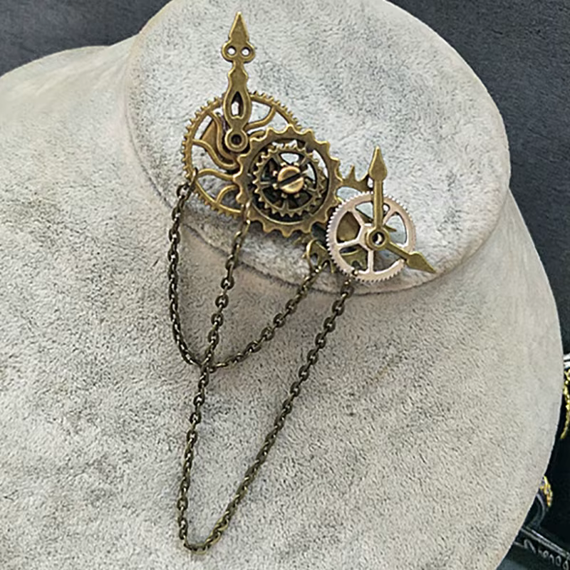 Broches Rétro Steampunk Engrenages, Épingles à Revers avec Chaîne à Pompons, Badges pour Chemises et