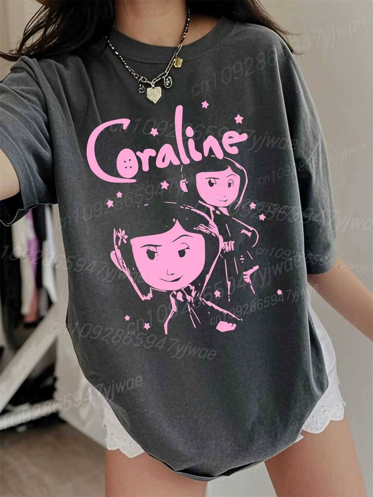 T-Shirt en coton de haute qualité pour femmes Coraline graphique 3d à manches courtes col rond ample