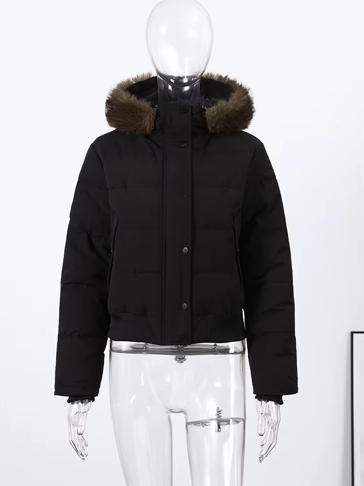 Veste rembourrée à capuche avec col en fausse fourrure pour femme, lanterne élégante, manches longue