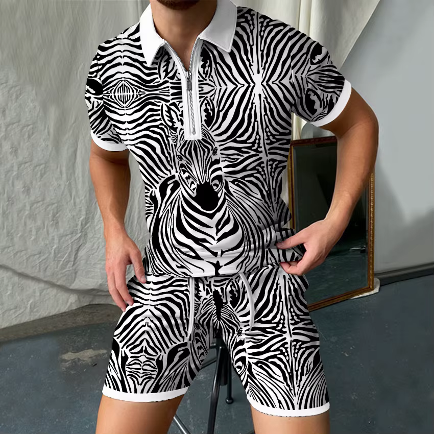 Vêtements pour hommes, costume imprimé léopard 3D, Polo décontracté avec fermeture éclair, costume 2