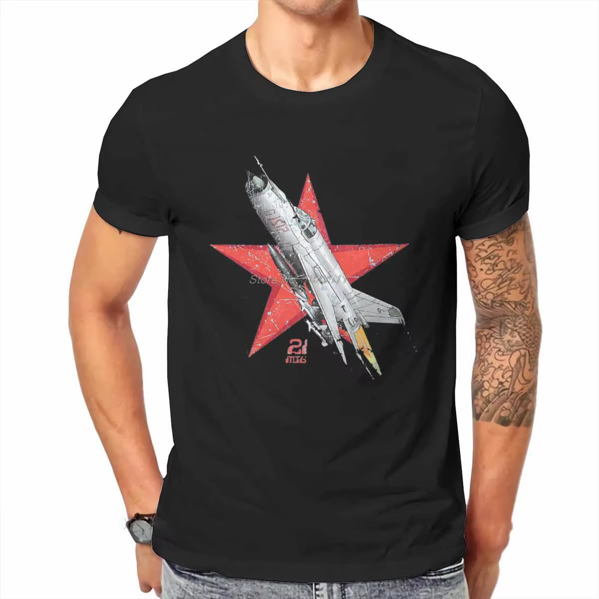 T-shirt col rond homme, vintage, grunge, MIG 21, avion de chasse russe soviétique, URSS, THarajuku