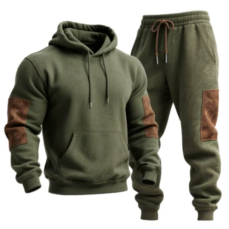 Ensemble de jogging à capuche et pantalon de survêtement en daim marron avec coutures vertes de l'ar