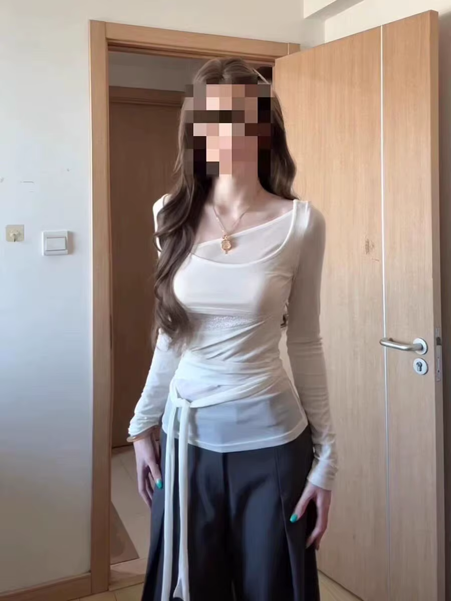 Nouveau design 2025 – T-shirt blanc à manches longues pour femme, style coréen asymétrique, coupe aj