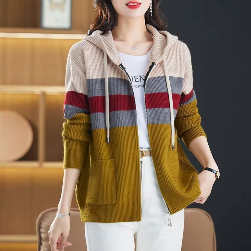 Cardigan rayé à capuche pour femmes, manteau pull, printemps-automne, veste d'extérieur, tricot ampl