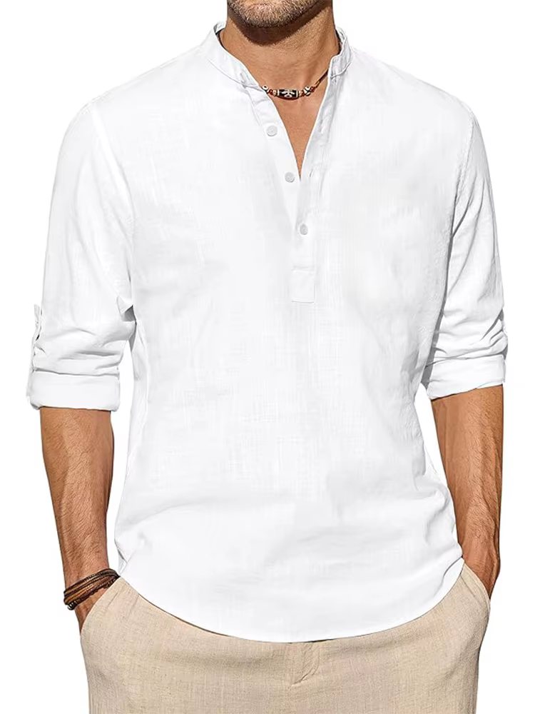 Nouvelles chemises en coton et lin pour hommes chemises décontractées léger à manches longues Henley