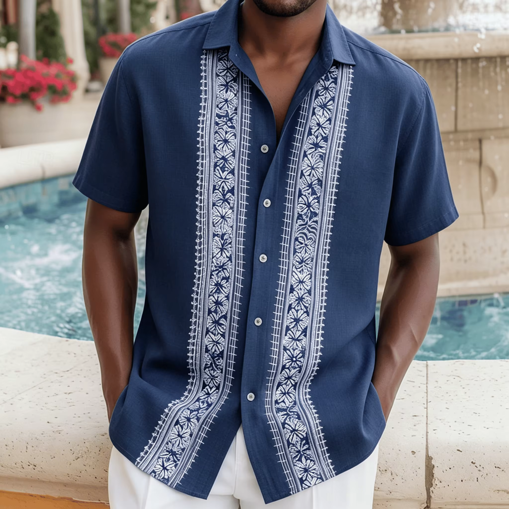 Chemise beige à rayures florales pour homme, style guayabera bohème à manches courtes, style décontr