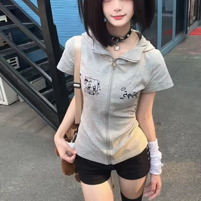 Sweat à capuche gris zippé pour femmes, avec imprimé de dessins animés et capuche, veste d'été décon