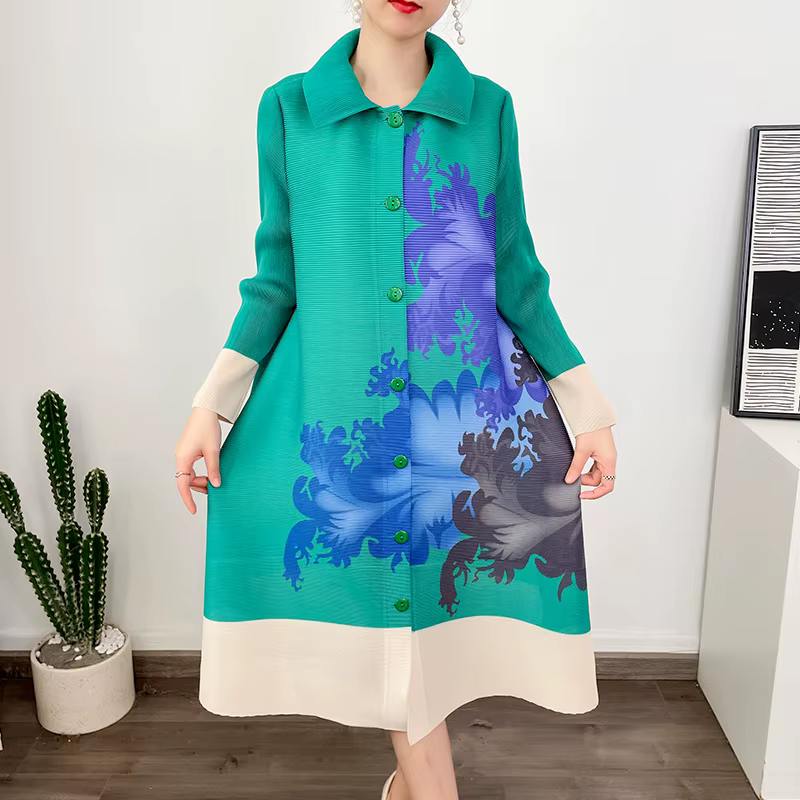 Robe midi imprimée lys, style nouveau, avec col plissé, polyvalente et sophistiquée, dotée d'une fer