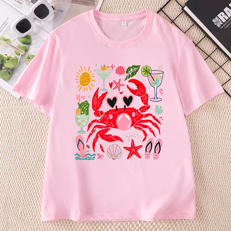 T-shirt graphique amusant avec crabe soufflant des bulles, T-shirt d'été pour la plage, T-shirt impr
