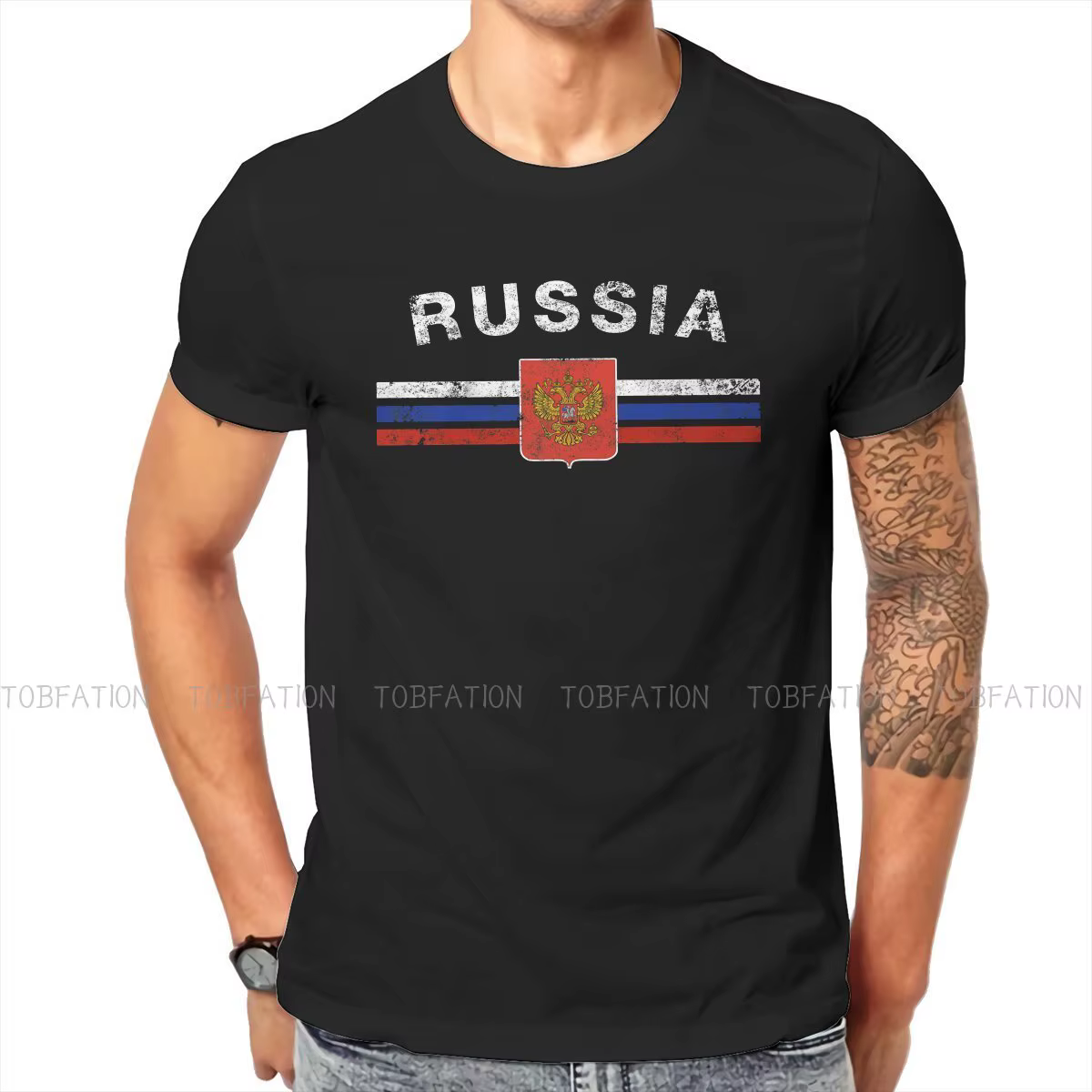 Emblème russe drapeau russe t-shirt classique graphique haute qualité t-shirt col rond manches court