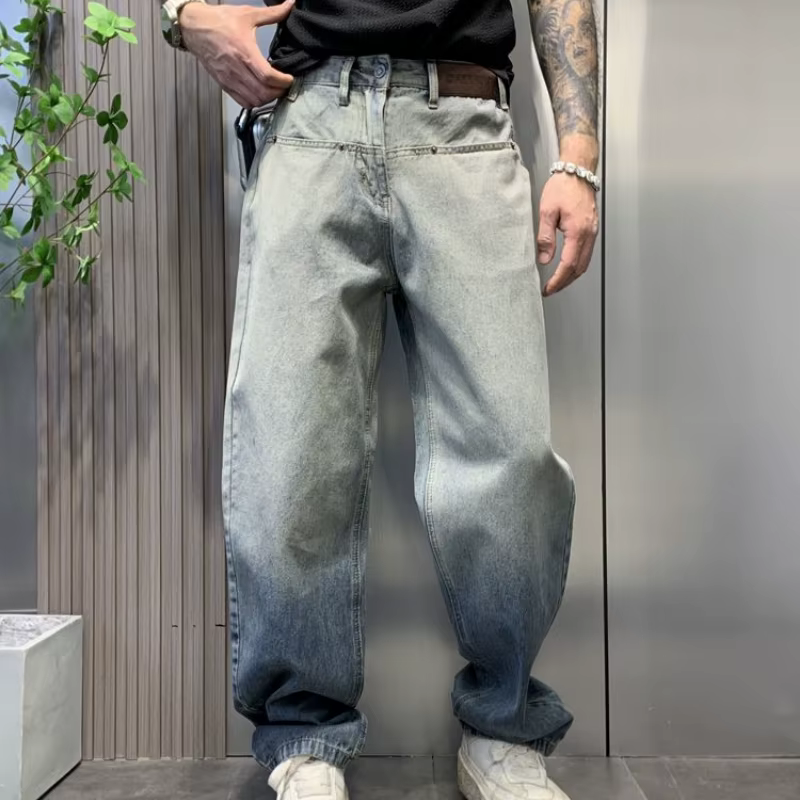 Jean Délavé Dégradé Américain pour Homme, Vêtement de Marque de Mode de Rue, Droit, Drapé, Lazy, Hig