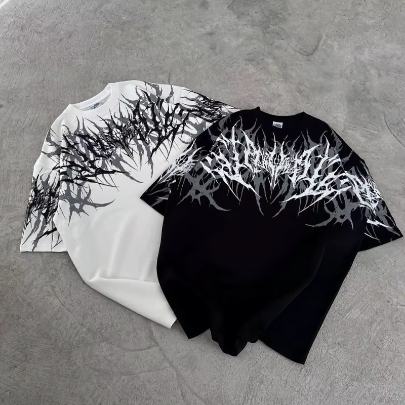 T-shirt à manches courtes pour adulte, style gothique cyberpunk Y2K, imprimé stencil, broderie 3D, d