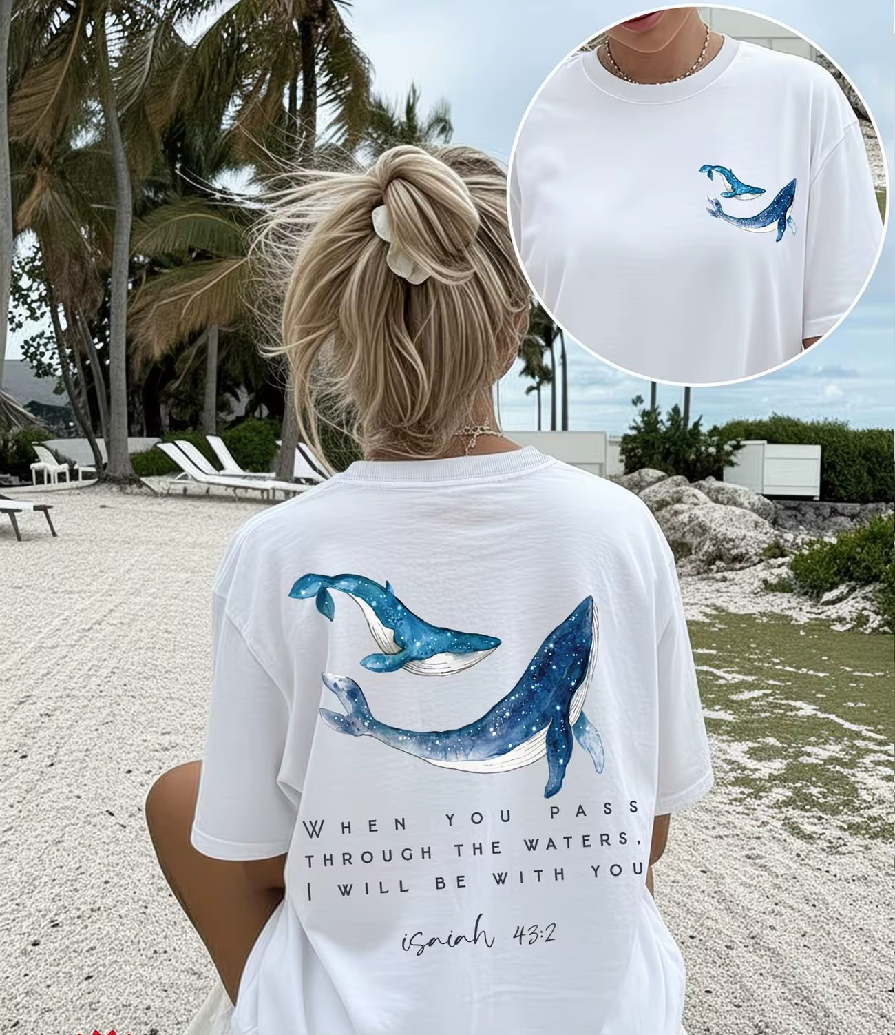 T-shirt graphique Christian Whale avec verset biblique Isaïe 43:2, motif foi, pour femme, tendance, 