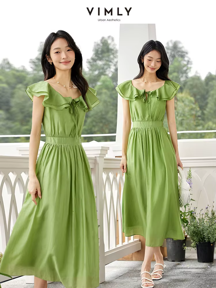 Robes VIMLY 2026 – Nouvelle Robe Midi Élégante Verte pour Femme, Col U Français, Sans Manches, Bord 