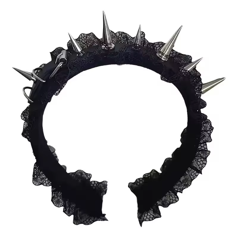 Serre-tête Gothique Punk pour Femme et Fille, avec Rivets et Dentelle Argentée, Accessoire de Coiffu