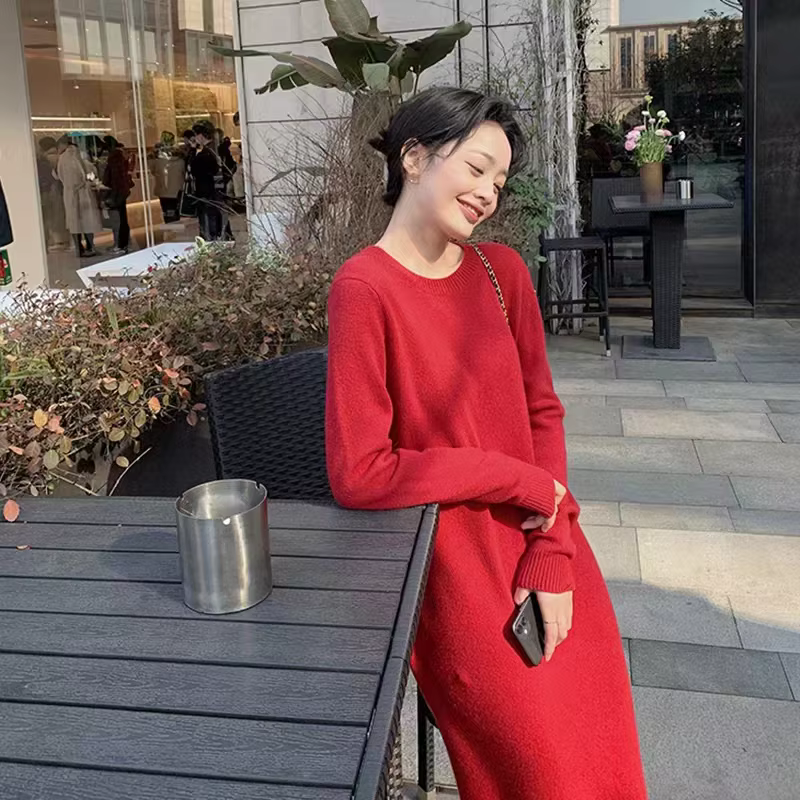 Robe en tricot de cachemire pur pour femmes, Simple, col rond, manteau haut aux genoux, jupe longue 