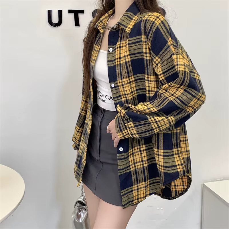 Chemise à carreaux jaune et noir pour femmes, haut à manches longues, chemises Tartan boutonnées pou