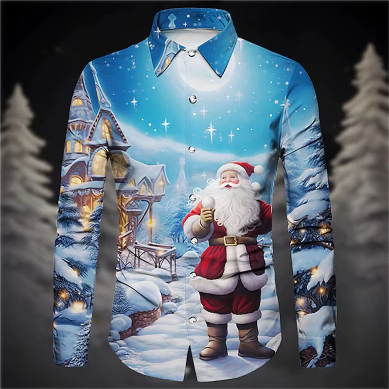 Chemise de noël imprimée père noël pour hommes, tenue quotidienne pour sortir, automne et hiver, rev