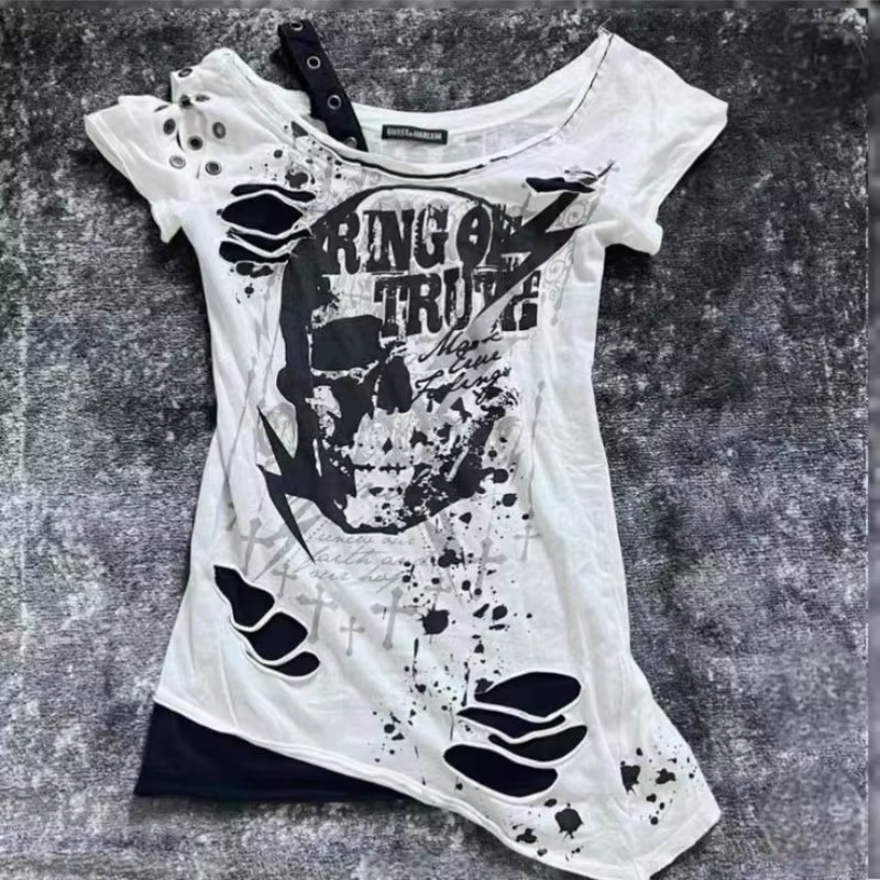 T-shirts Gothiques à Manches Courtes, Motifs Têtes de Mort, Style Décontracté Punk Hip Hop Urbain, T