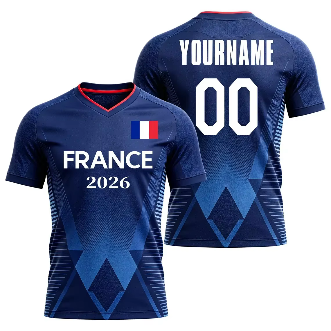 Maillot de l'équipe nationale de France 2026 avec imprimé drapeau, nom et numéro personnalisés, séch