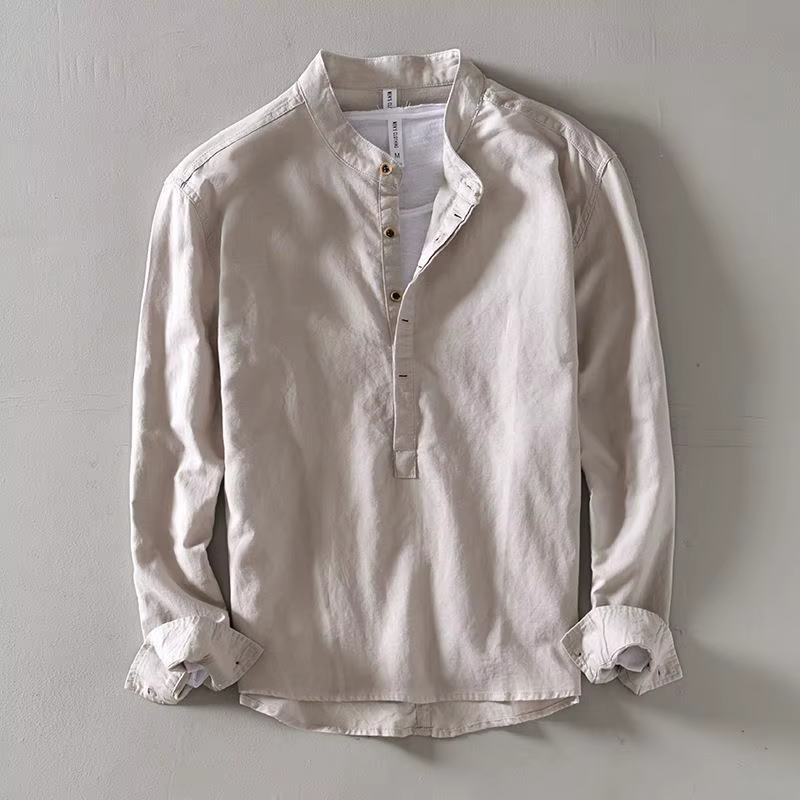 Polo à manches longues pour homme, coupe ample, style rétro, mélange de lin et de coton, col montant