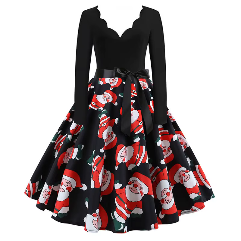 Vêtements de noël rétro pour femmes, col en v, manches longues, imprimé, grande Pose, Costume d'hall