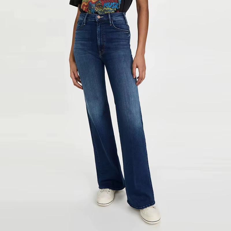 Jean en denim de coton délavé taille haute coupe droite pour femme – Printemps – Bleu délavé – Élast