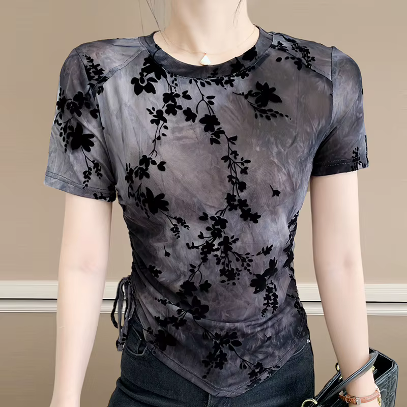 Vintage Floral flocage maille transparente à manches courtes t-shirt femmes 2025 été asymétrique cou