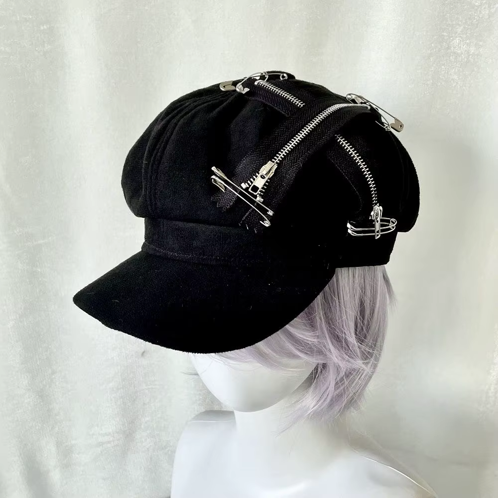 Béret tendance pour femmes, noir, Harajuku, gothique, Lolita, chapeau à fermeture éclair, casquette 