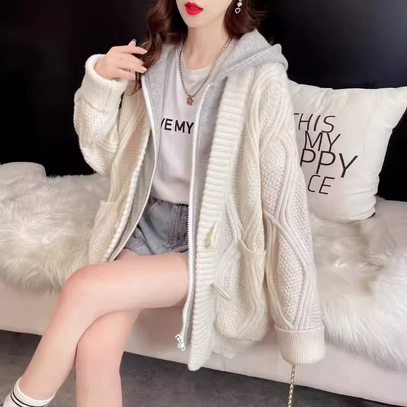 Sweat-shirt faux deux pièces à capuche pour femme, Cardigan tricoté épais, ample, mi-long, nouvelle 