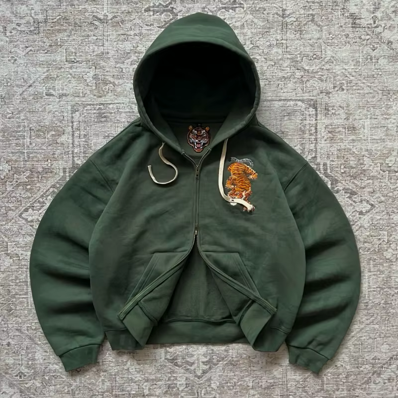 Sweat-shirt à capuche zippé Y2K vintage Harajuku brodé tigre, streetwear rétro, vert, unisexe, décon