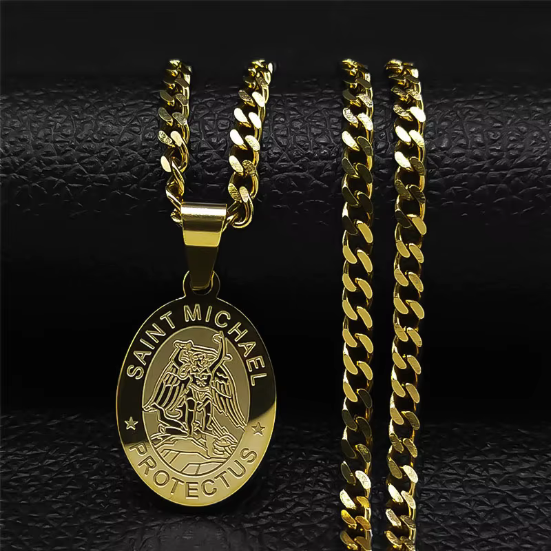 SAINT MICHAEL PROTECT US archange acier inoxydable Saint Michael collier hommes/femmes couleur or pe