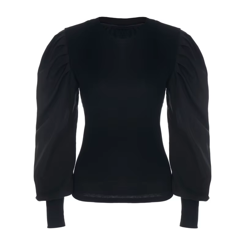 T-shirt à manches longues bouffantes à volants pour femmes, pull slim, pull monochrome, noir et blan
