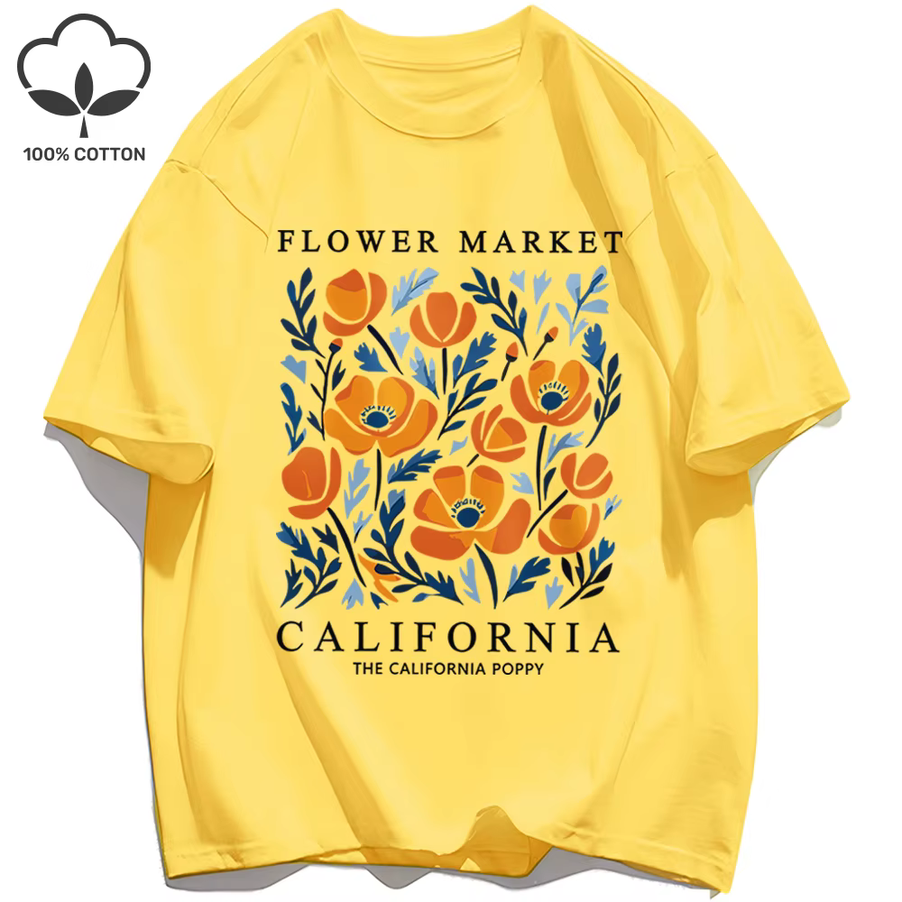 Fleurs jaunes marché californie imprimé T-Shirt femme coton doux T-Shirt haut col rond décontracté T