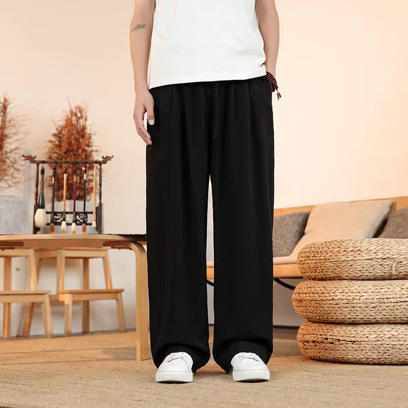 Pantalon à jambes larges en mélange de lin pour hommes, coupe confortable, respirant, taille élastiq