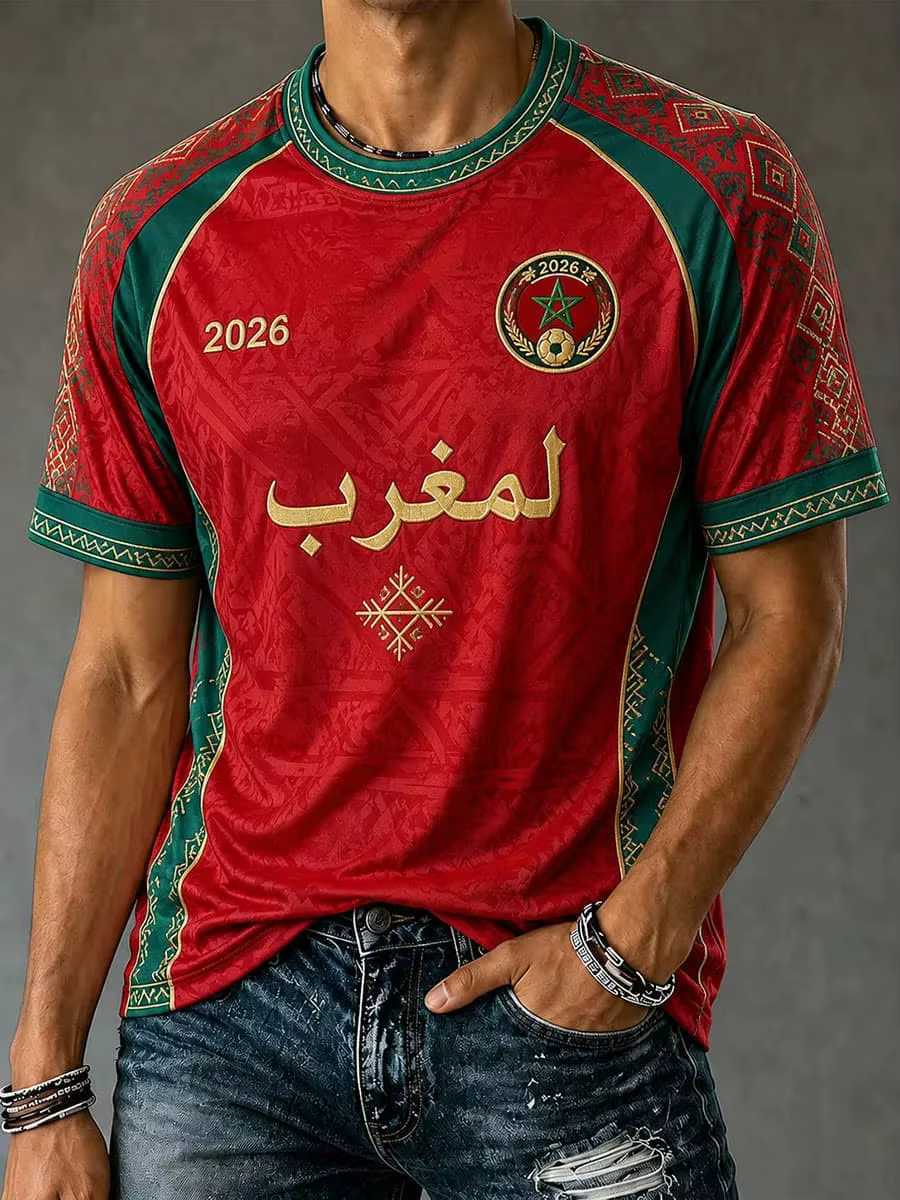 T-shirt pour Hommes 2026 Maroc Football Fans, Imprimé Lettres Rouges, Maillot de Supporter de Footba