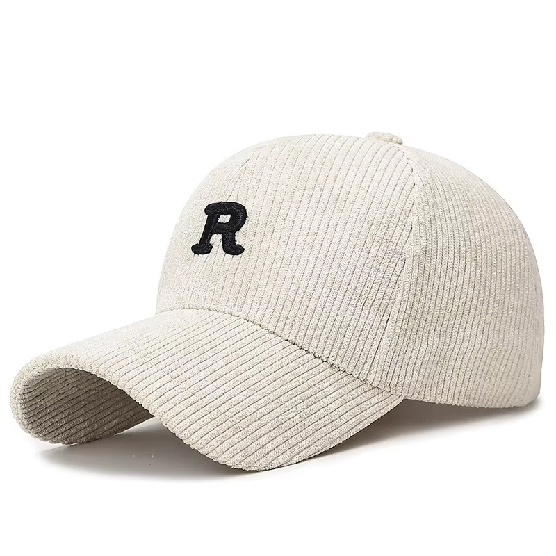 Casquette de baseball en velours côtelé avec lettre 'R' brodée en 3D, couleur unie, chapeau structur