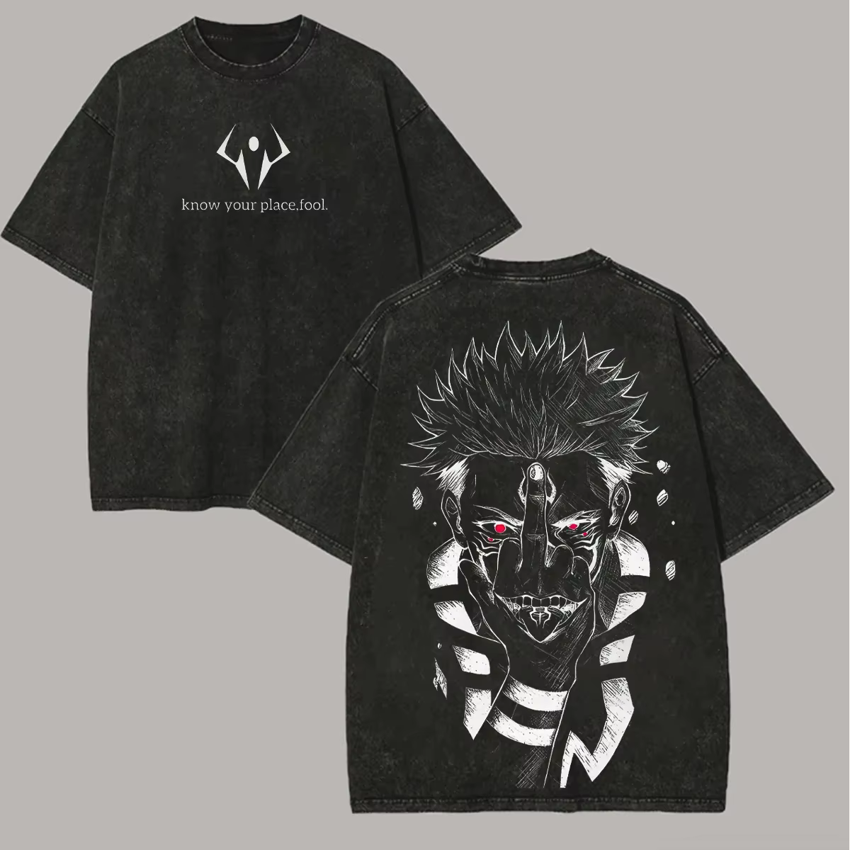 T-shirt Jujutsu Kaisen Sukuna « Know Your Place » pour homme, imprimé au dos, délavé à l'acide, coup