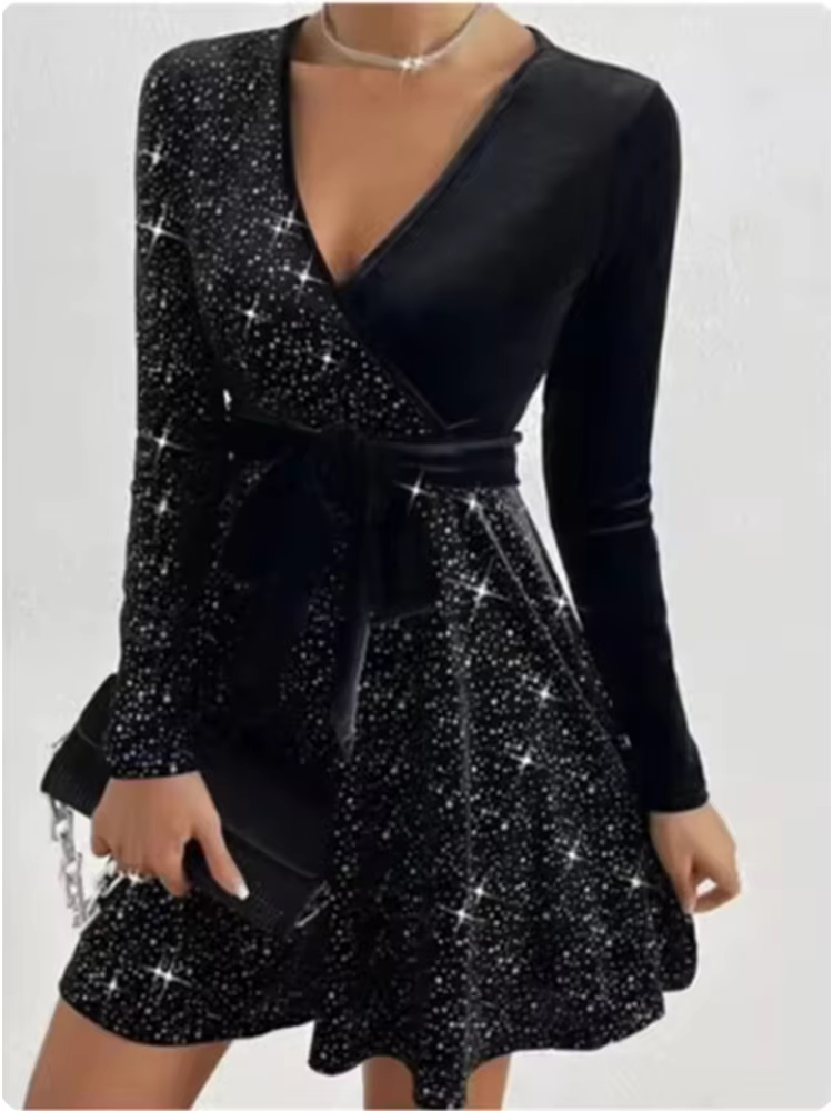 Robe de soirée élégante pour femmes, col en v, manches longues, paillettes, couleur unie, mode de ru