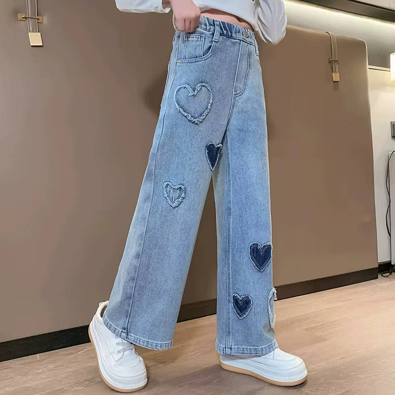 Jeans pour adolescentes, pantalons brodés d'amour pour enfants, pantalons d'automne en Denim à jambe