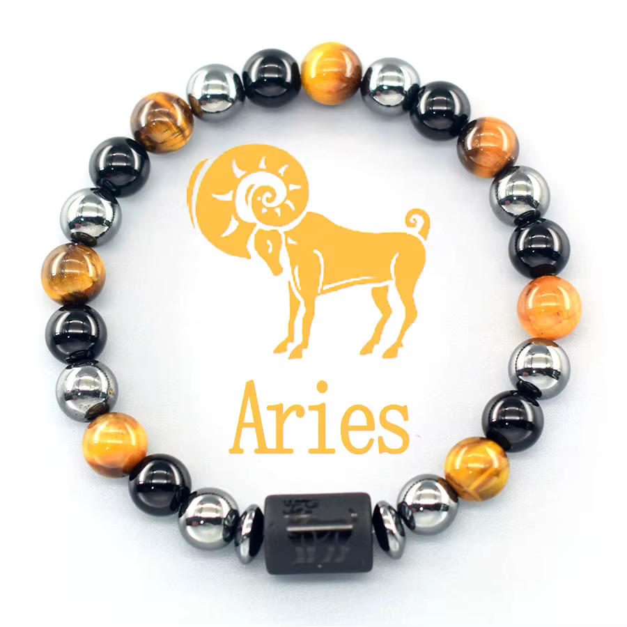 12 signes du zodiaque Bracelet Homme Constellation Bracelet naturel jaune oeil de tigre pierre hémat