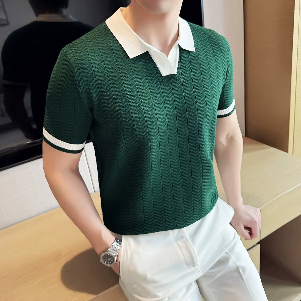 Mode nid d'abeille Texture contraste couleur t-shirts hommes tricotés polos été à manches courtes mi