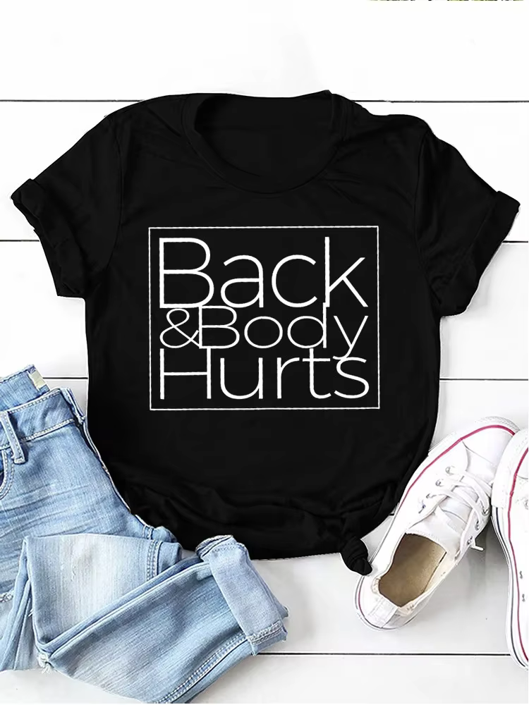 T-shirt à manches courtes et col rond pour femmes, ample, avec imprimé de lettres, dos et corps bles
