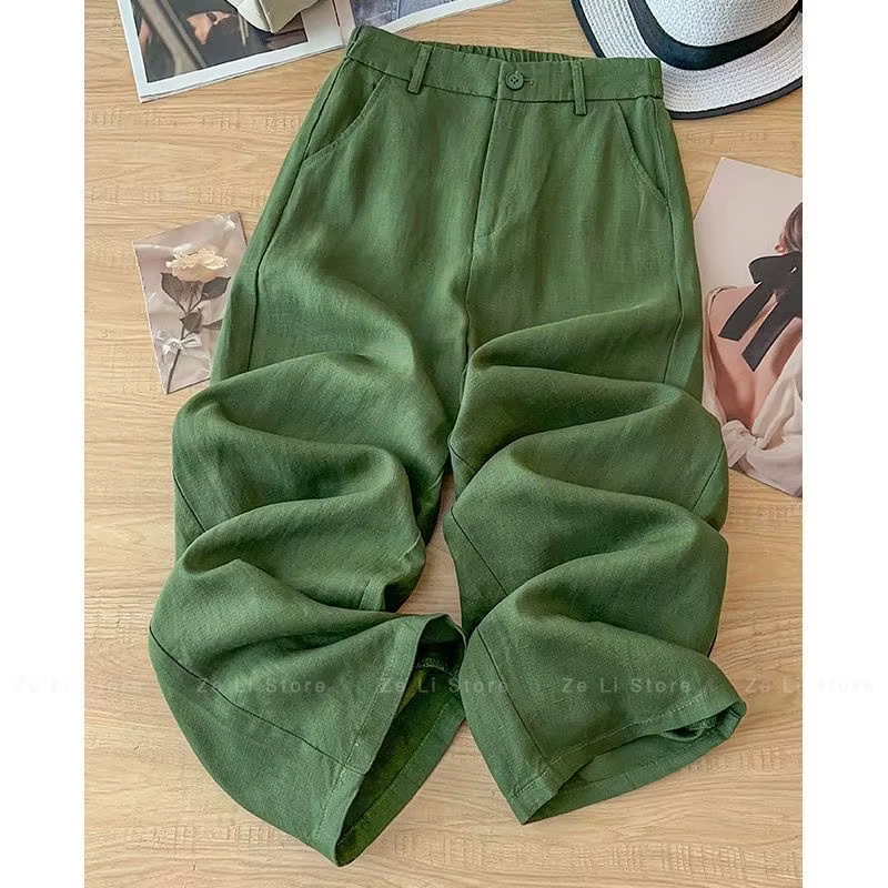 Pantalon large vert taille haute pour femme, coupe droite décontractée en lin fin et amincissant, lo