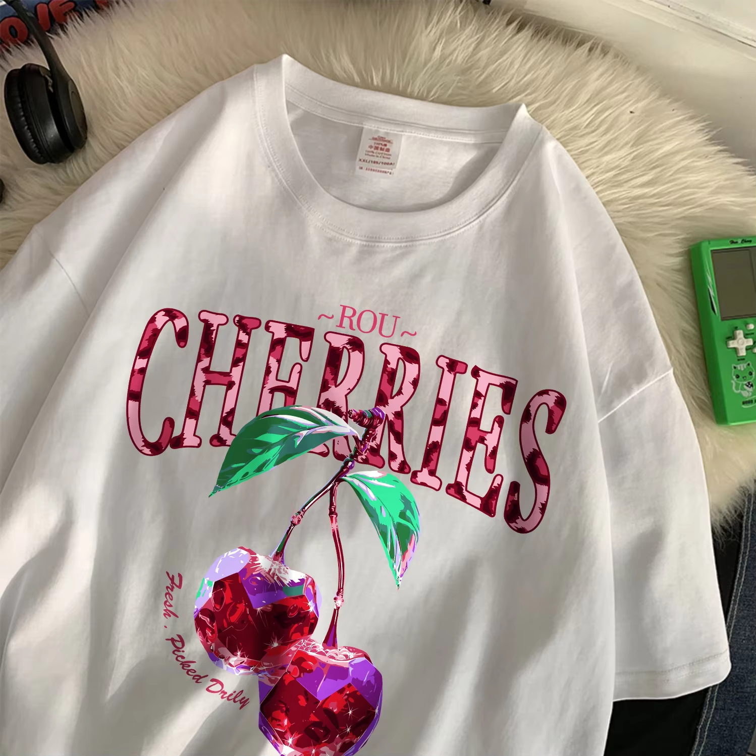 ROU cerises t-shirt femmes violet cristal imprime surdimensionné coton T-Shirts décontracté col rond